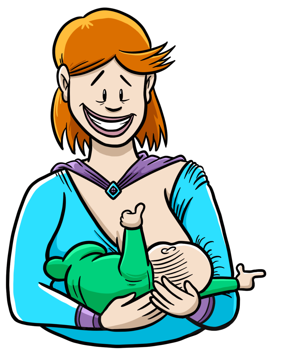 breastfeeding mum with baby pointing to discount signup
