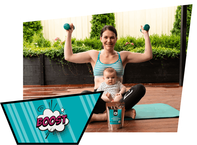 Mum holding dumbbells with baby and lactation protein smoothie with popart saying boost